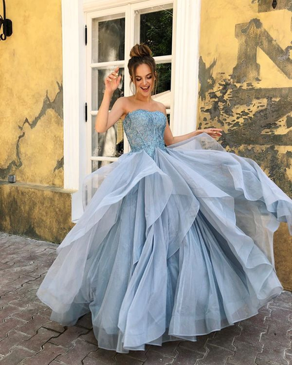 Strapless Long A-line Blue Lace Organza Prom Dresses, Long Prom Dresses, Popular Prom Dresses  gh2222