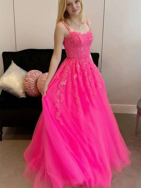 Open Back Hot Pink Tulle Lace Long Prom Dresses, Hot Pink Lace Formal Graduation Evening Dresses gh2605