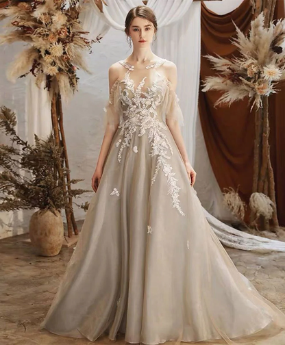 Unique Round Neck Tulle Lace Long Prom Dress Lace Formal Dress gh2229