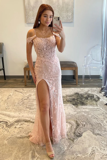 Blushing Pink Mermaid Off-the-Shoulder Applique Long Prom Dress with Slit gh2616