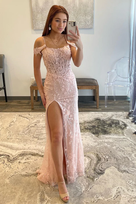 Blushing Pink Mermaid Off-the-Shoulder Applique Long Prom Dress with Slit gh2616