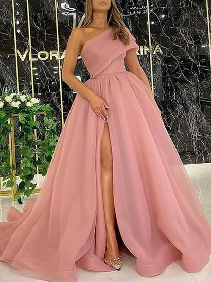 Gorgeous Pink Ball Gown Organza Ruffles One-Shoulder Sleeveless Sweep/Brush Train Dresses  gh2267