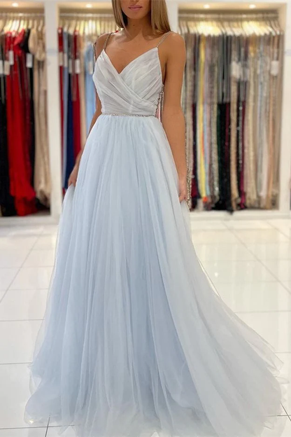 Spaghetti Straps V-Neck Tulle Long Prom Dresses With Beads gh2599