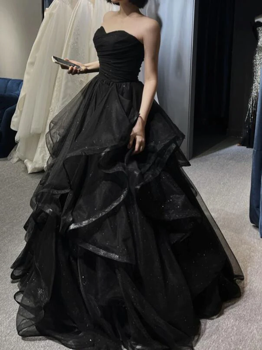 Black Shiny Sweetheart Tulle Layers Ball Gown Formal Dresses, Black Evening Dress Prom Dress  gh2302
