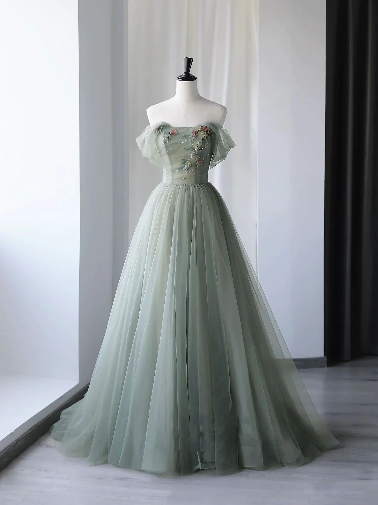 Green beautiful charming floral applique tulle long formal prom dress, evening dress, party dress gh2530