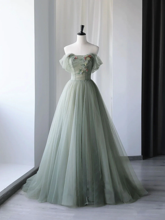 Green beautiful charming floral applique tulle long formal prom dress, evening dress, party dress gh2530