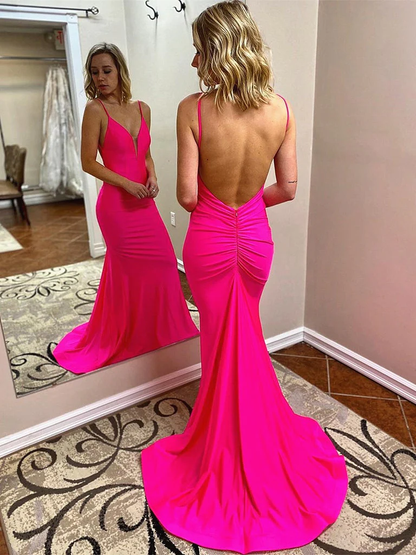 V Neck Hot Pink Mermaid Long Prom Dresses, Hot Pink Mermaid Formal Evening Dresses gh2257