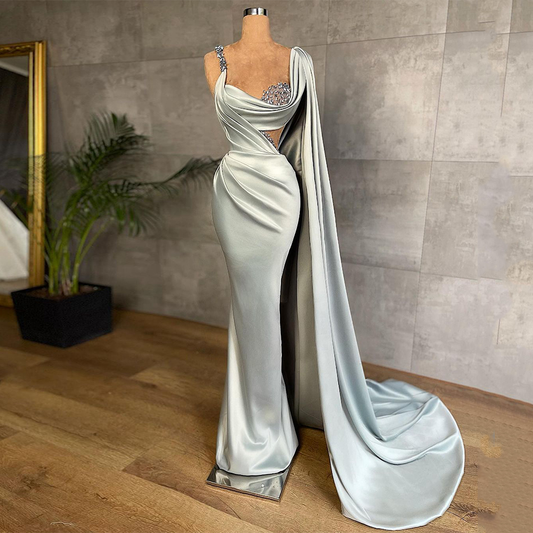 Mermaid Evening Dress Prom Gowns Sexy Beaded Stones Pleat Satin Formal Party Dresses with Long Shawl gh2182