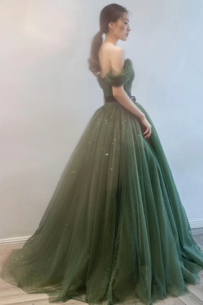 Green tulle long prom dress A line evening dress  gh2275
