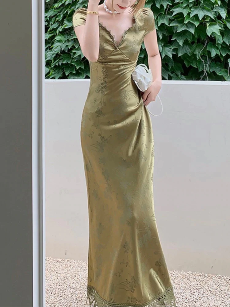 Summer Elegant Women Satin Backless Short Sleeve Lace Sexy Bandage Vintage Bodycon Vestidos Female Fashion Robe New Prom Dress   gh2327