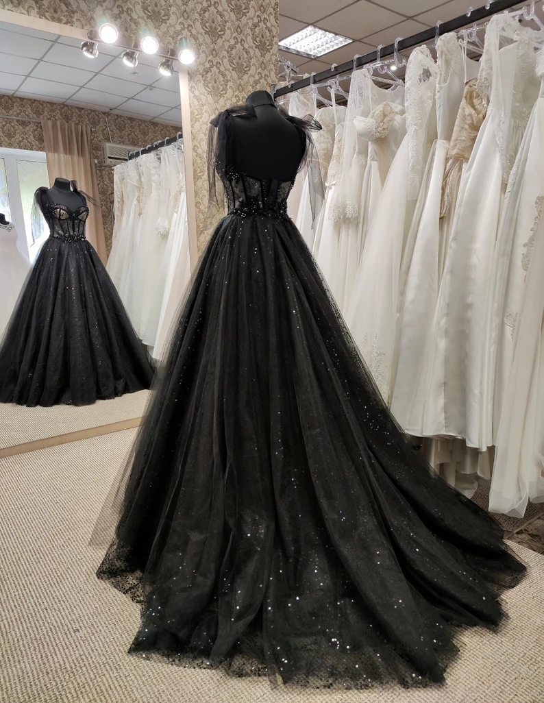 Tulle black applique beaded A-line maxi corset dress party dress off-the-shoulder gown ball gown elegant evening dress gh2106