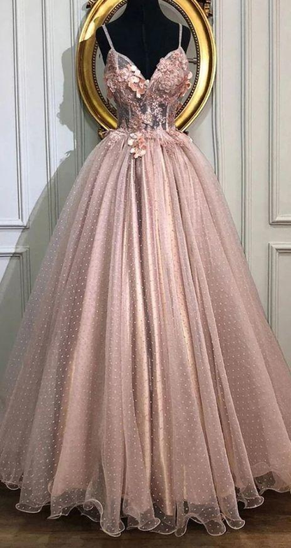 A-line V-Neck Tulle Long Prom Dresses, Pearl Pink Appliques Formal Evening Dress gh2126