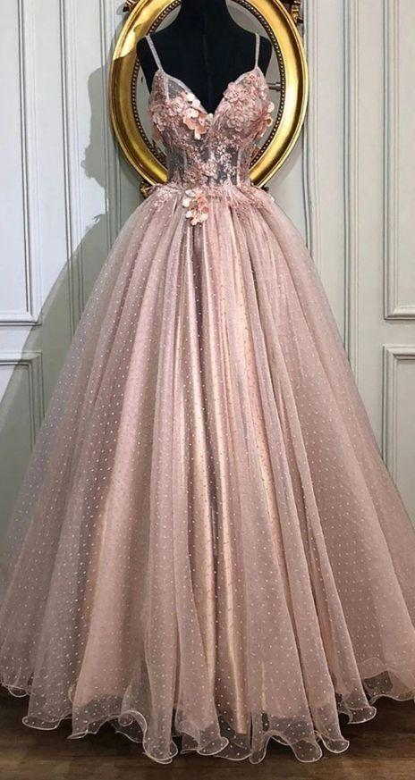 A-line V-Neck Tulle Long Prom Dresses, Pearl Pink Appliques Formal Evening Dress gh2126