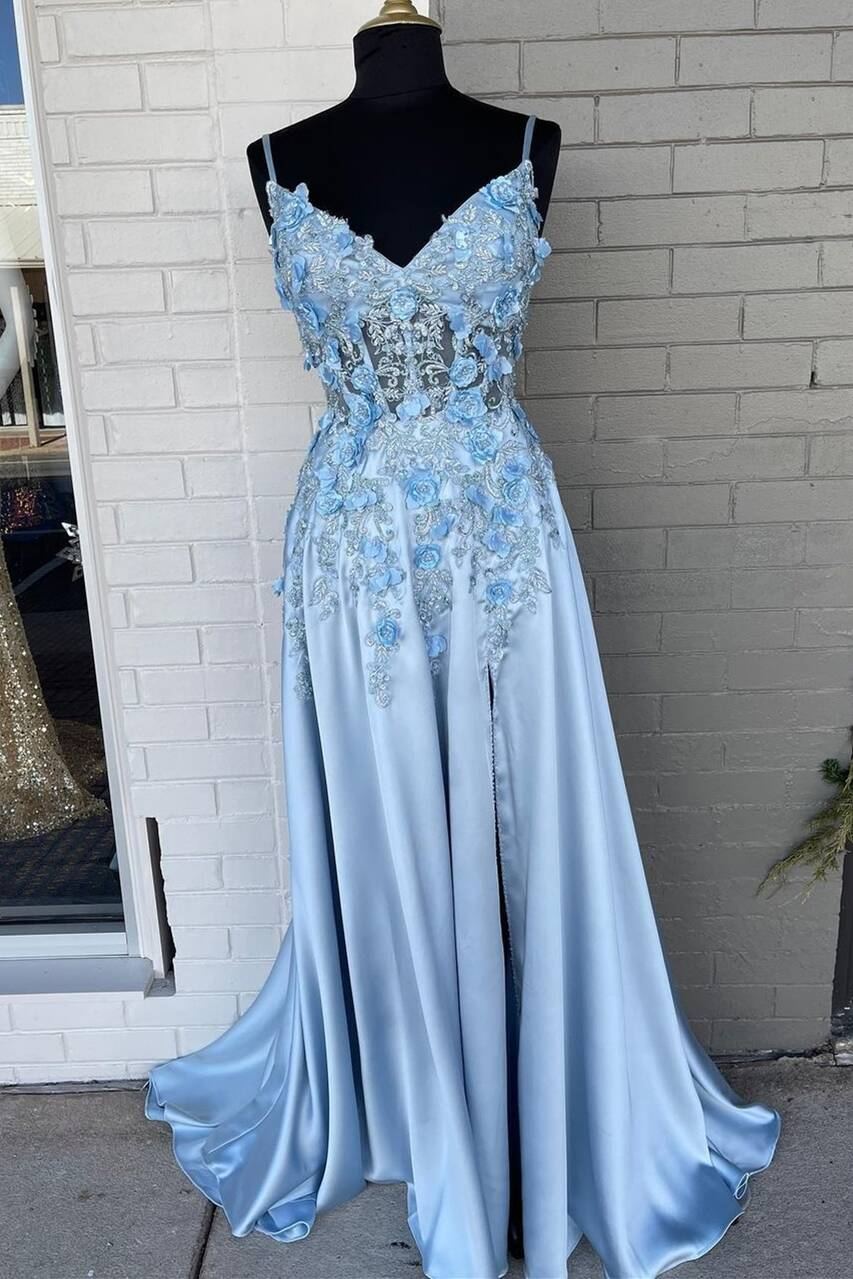 Light Blue A-line 3D Flowers Satin Long Prom Dress gh2304