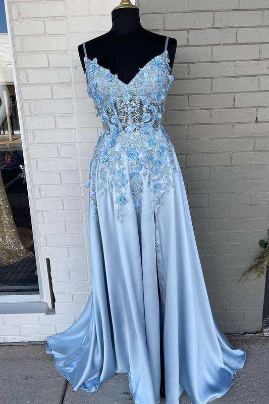 Light Blue A-line 3D Flowers Satin Long Prom Dress gh2304