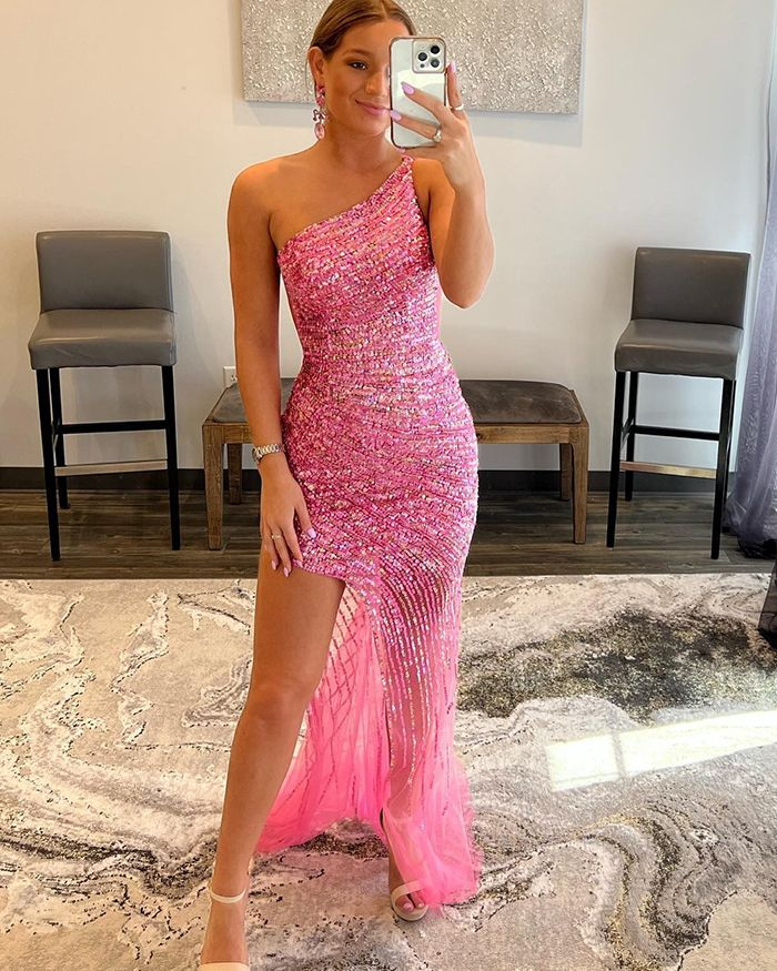 Stripe Sequin Blushing Pink One Shoulder Prom Dress with Side Slit gh2501
