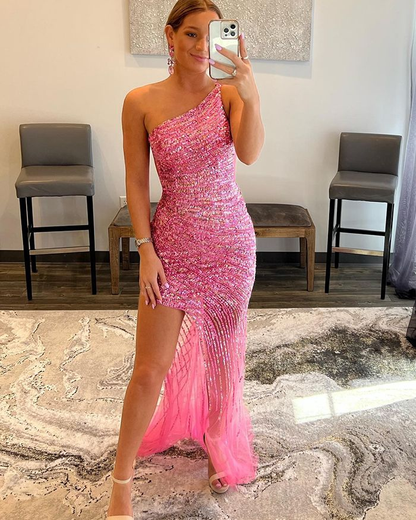 Stripe Sequin Blushing Pink One Shoulder Prom Dress with Side Slit gh2501