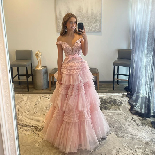 Cute A Line Off the Shoulder Pink Tulle Prom Dresses Quinceanera Dresses gh2495