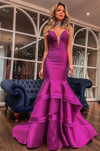 Elegant off-the-shoulder deep V-neck mermaid ball gown on sale with romantic ruffles gh2378