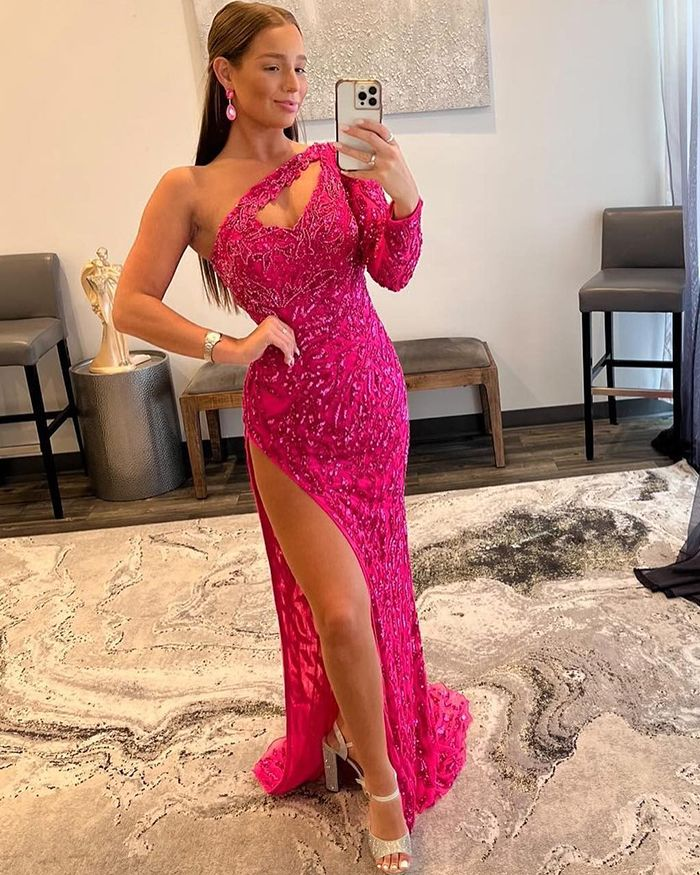 One Shoulder Fuchsia Beading Lace Mermaid Prom Dress with Long Sleeves gh2589