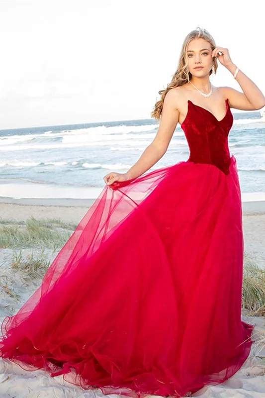 Burgundy Tulle Prom Dress Velvet Top V-Neck gh2545