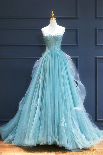 Green Lace Tulle A-Line Long Formal Dress, Green Strapless Evening Dress gh2581