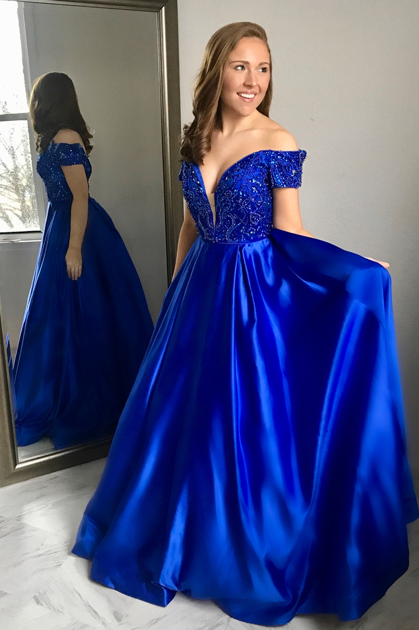 Off the Shoulder Royal Blue Long Prom Dress gh2475