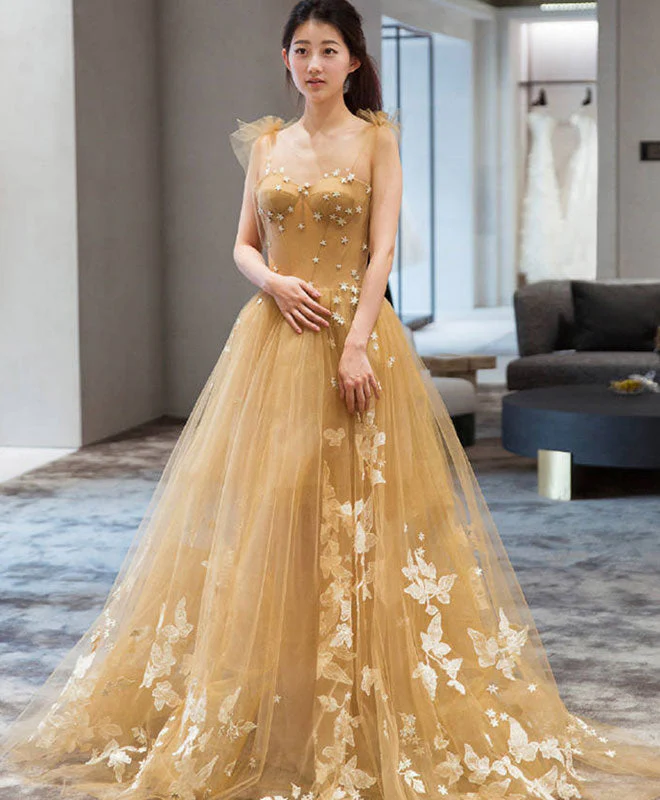 Champagne tulle lace long prom dress, tulle lace evening dress gh2231