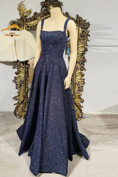 Dark blue sequin long prom dress , blue evening dress gh2344