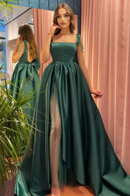 Modest Green A-Line Square Neckline Straps Prom Dresses with Slit  gh2374