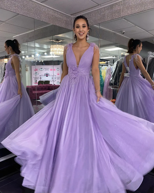 Deep V Neck Purple Tulle Long Prom Dress, Long Lavender Formal Evening Dress gh2220