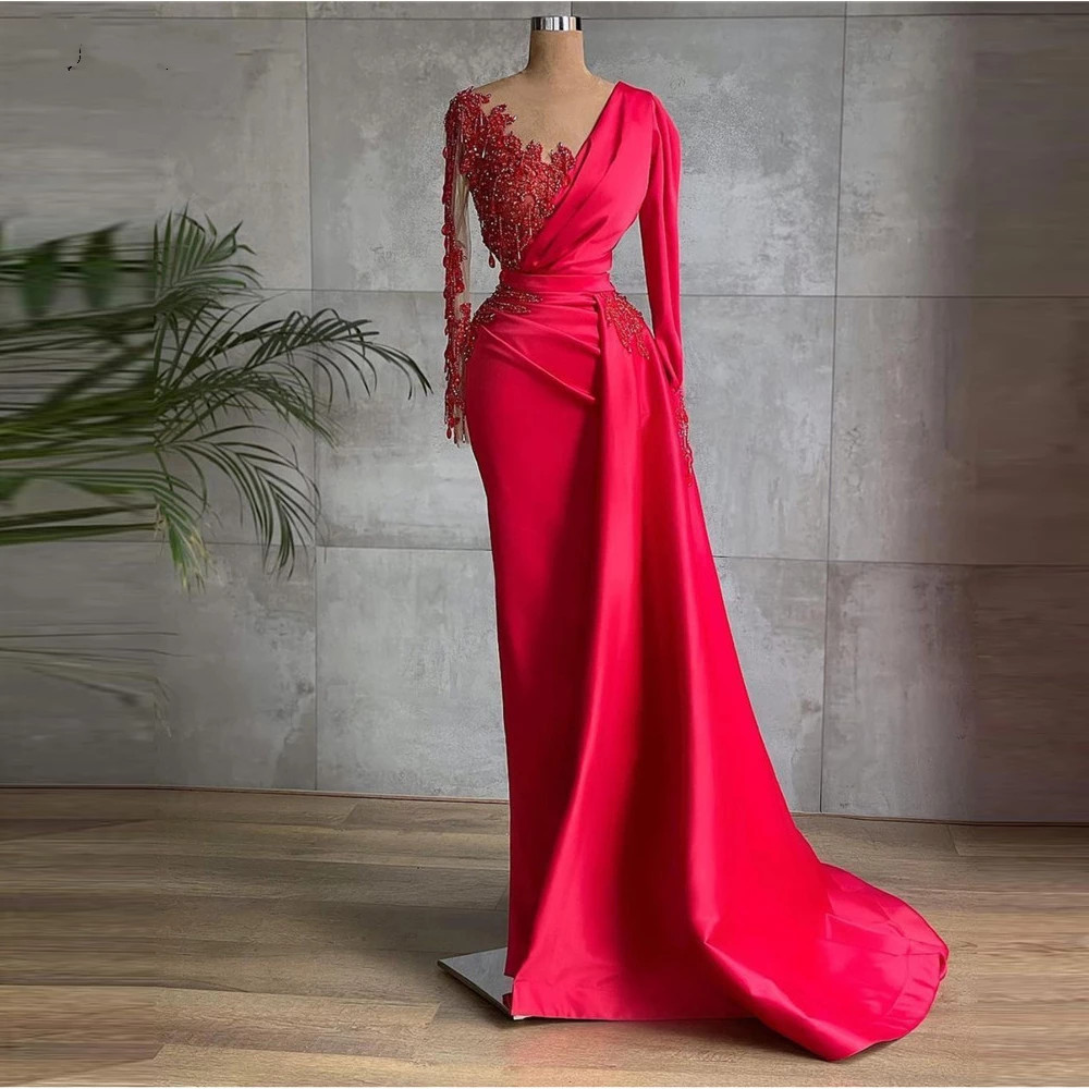Glamorous Red Satin Dubai Evening Dresses Long Sleeves Sheer Neck Beads  Prom Gowns Celebrity Formal Dress  gh2202
