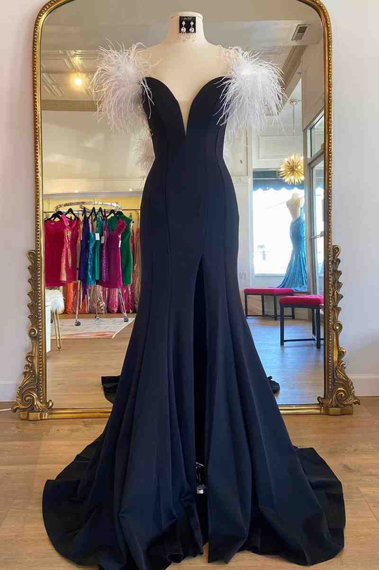 Long Black High Slit Prom Dress with White Feather gh2409