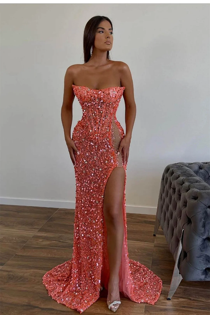 Pink Luxury Glitter Off-shoulder Sleeveless Long Sequins Mermaid Sexy Side Slit Prom Gown Evening Dress Formal Party Dress gh2465