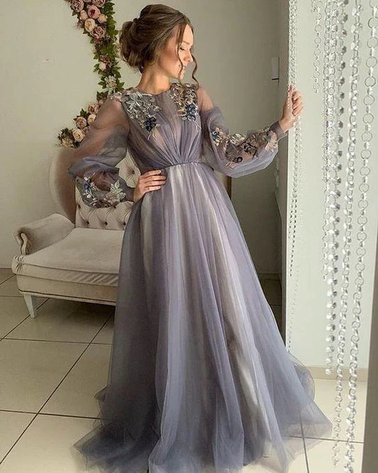 Grey/blue/green elegant delicate floral applique long sleeves maxi tulle ball gown evening dress party dress gh2110