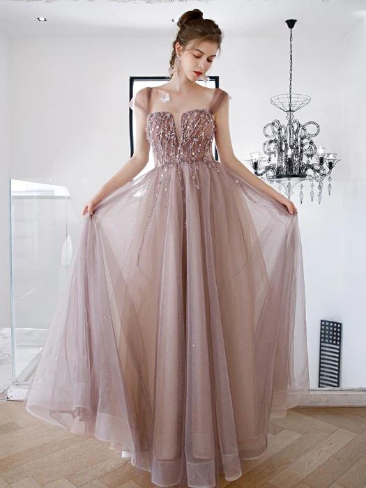 A-Line Cap Sleeve Beaded Dusty Rose Prom Dress gh2554