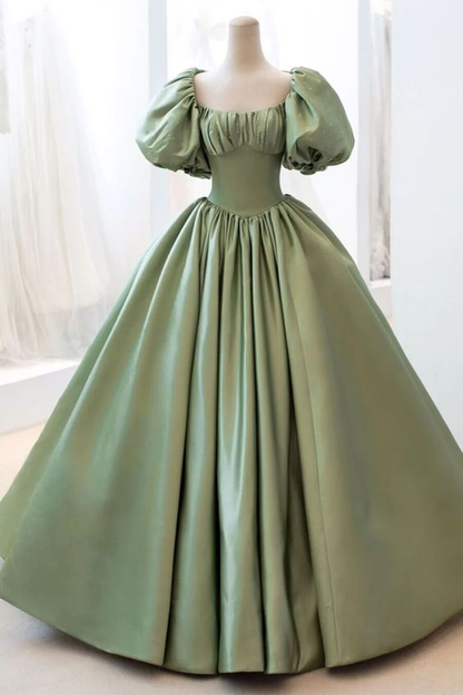 Green Satin Puff Sleeves Long Prom Dress, Green A-Line Formal Dress gh2579