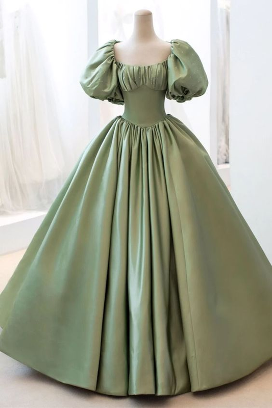 Green Satin Puff Sleeves Long Prom Dress, Green A-Line Formal Dress gh2579