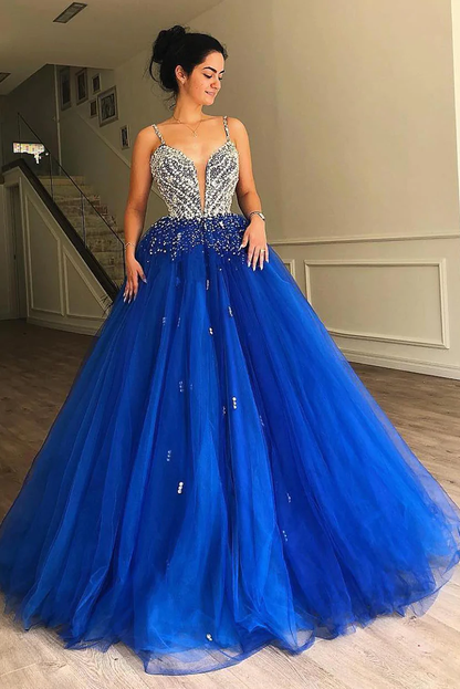 Plunging Neck Royal Blue Ball Gown Prom Dress with Beading gh2477