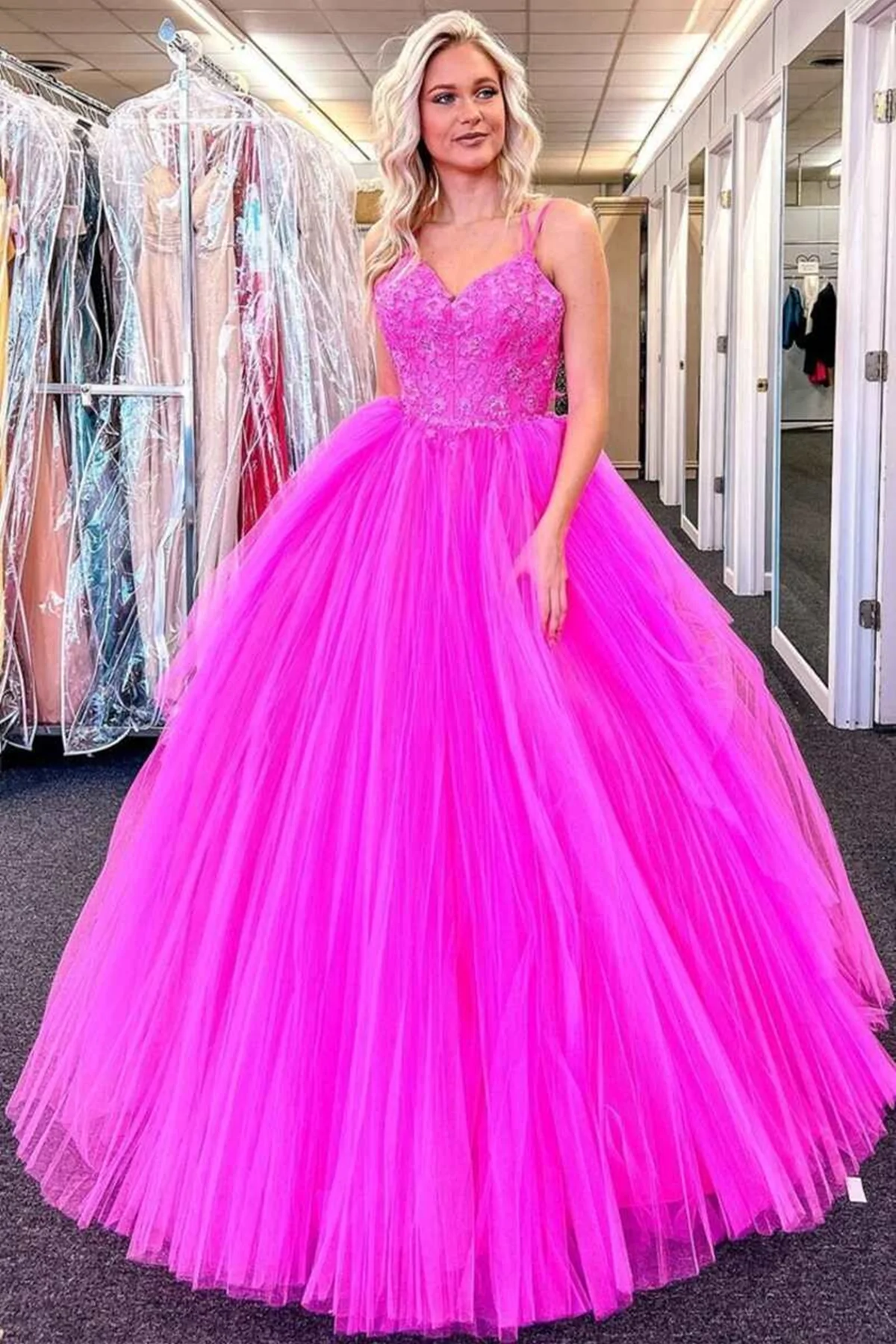V Neck Fuchsia Lace Appliques Tulle Long Prom Dresses, Fuchsia Lace Formal Evening Dresses, Fuchsia Ball Gown gh2562