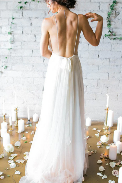 Sexy A-Line Deep V-Neck Backless Chiffon Boho Wedding Dresses with Pleats gh2519