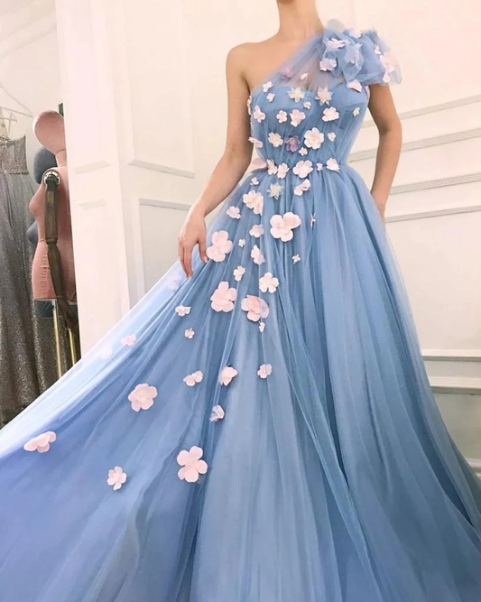 Charming One Shoulder Blue Tulle 3D Flowers Prom Dresses, Long Cheap Dance Dresses  gh1964