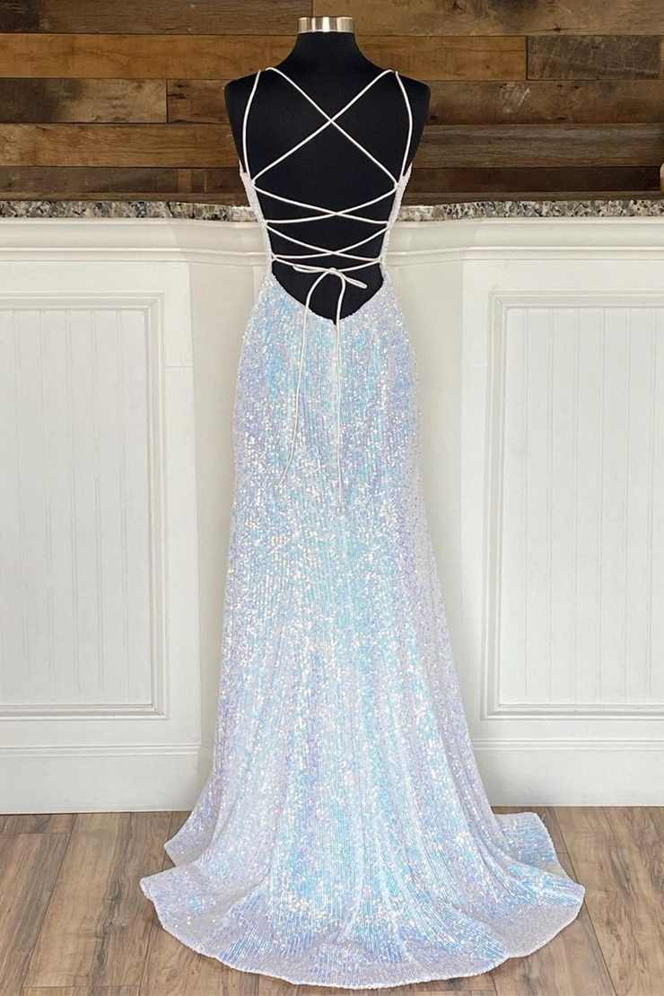 Silver Sequin V-Neck Empire Mermaid Long Prom Dress gh2124
