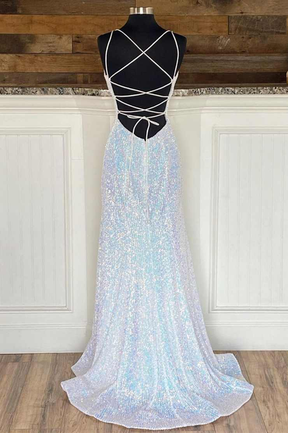 Silver Sequin V-Neck Empire Mermaid Long Prom Dress gh2124