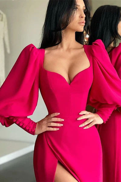 ELEGANT BUBBLE SLEEVES SWEETHEART RED SIDE-CUT MERMAID PROM DRESS  gh2006