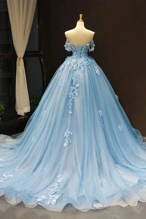 Light Sky Blue Off The Shoulder Ball Gown Tulle Prom Dress With Applique  gh2282