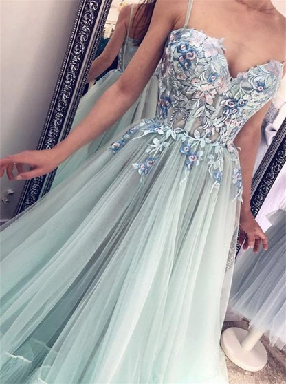 Green tulle lace long prom dress evening dress  gh2210