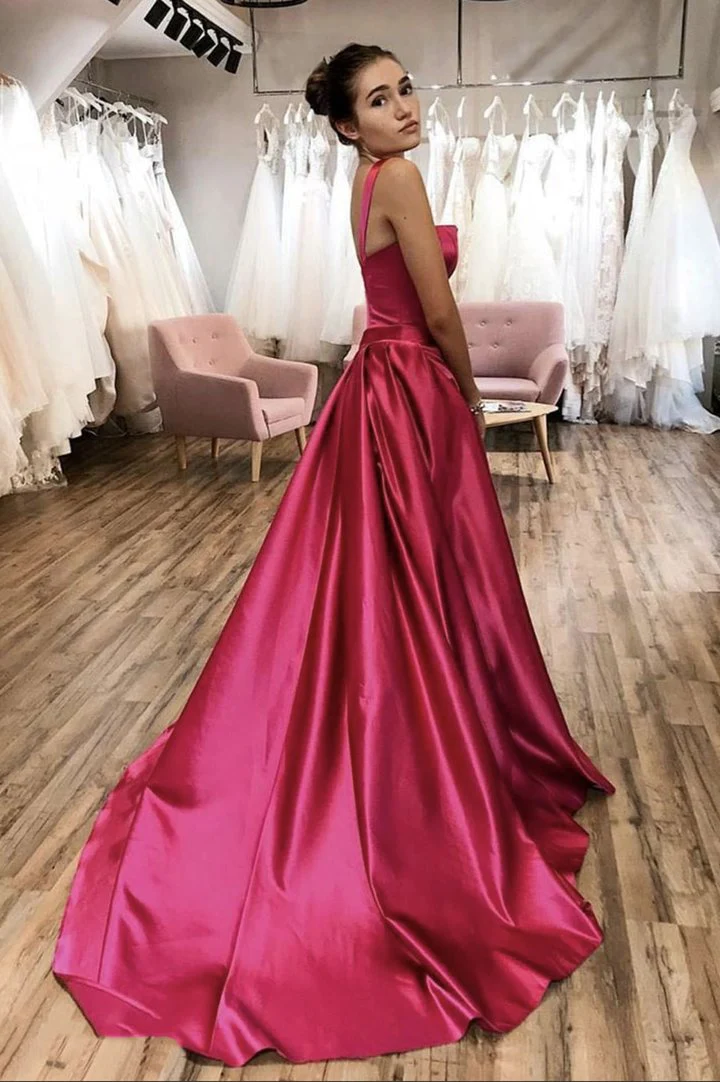 Red satin long prom dress red evening dress gh2268