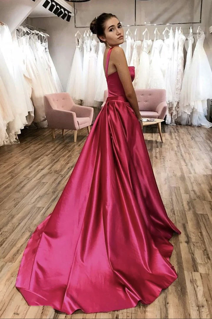 Red satin long prom dress red evening dress gh2268