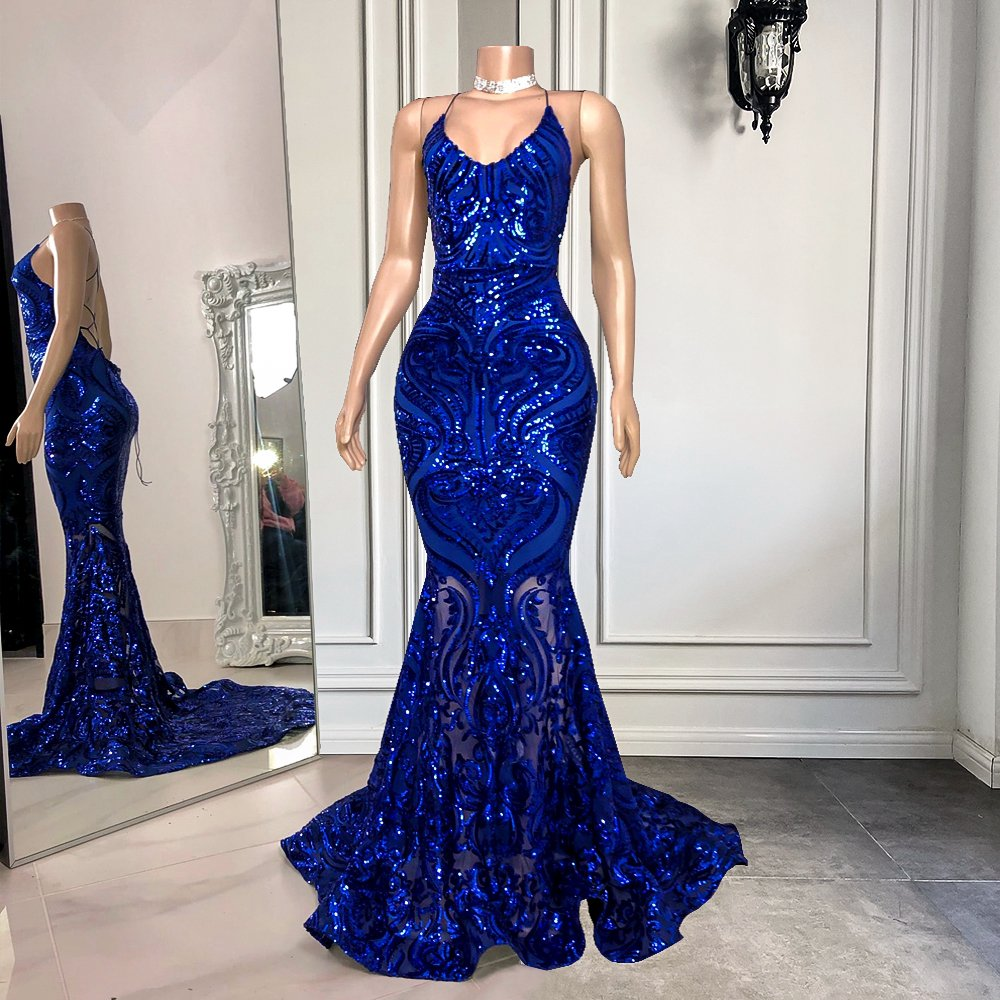 Spaghetti-Straps Royal Blue Long Mermaid Prom Dress With Sequins  gh2101